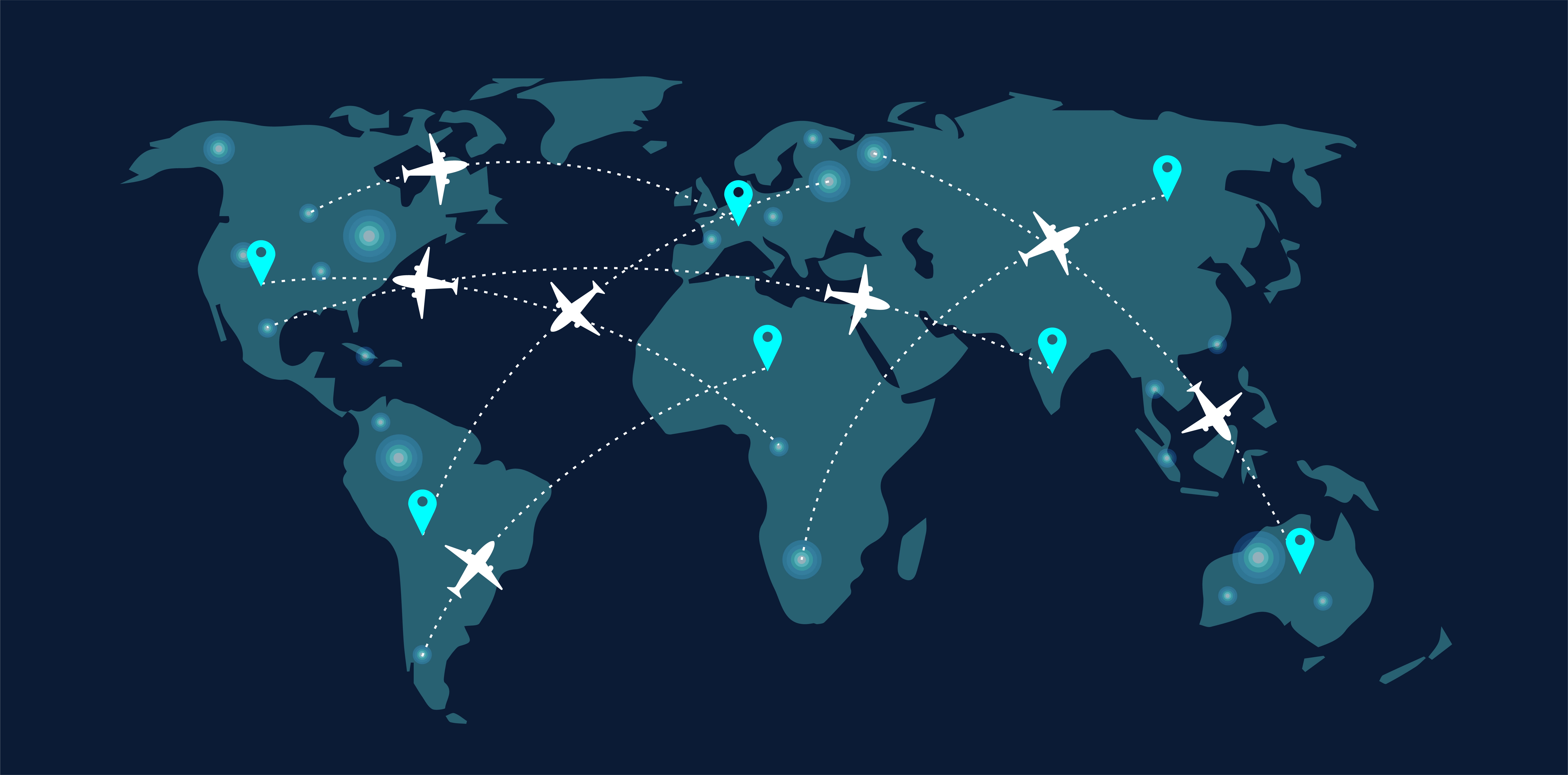 top view world map with aircraft air pathes pins wide flat vector illustration