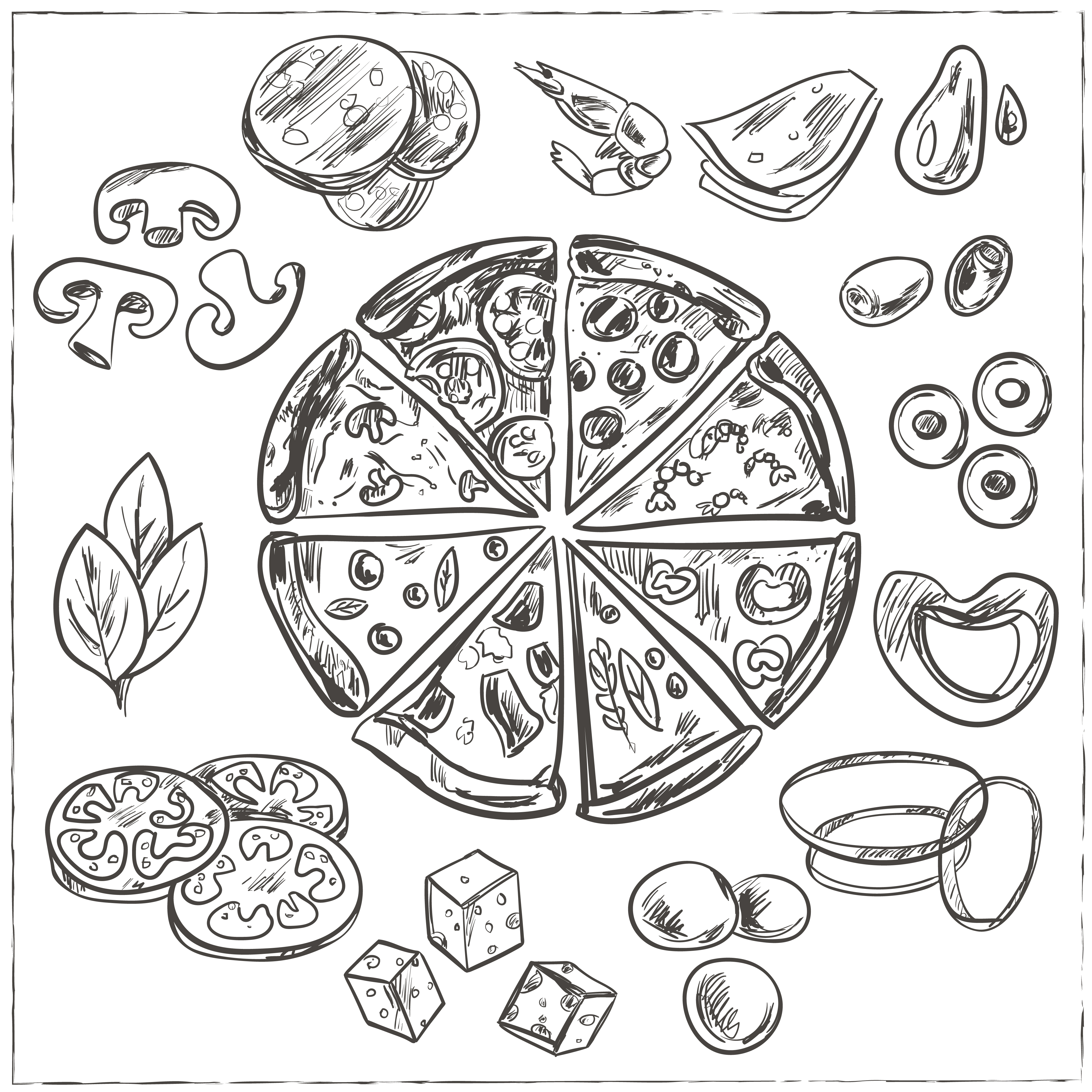 whole sliced italian pizza sketches