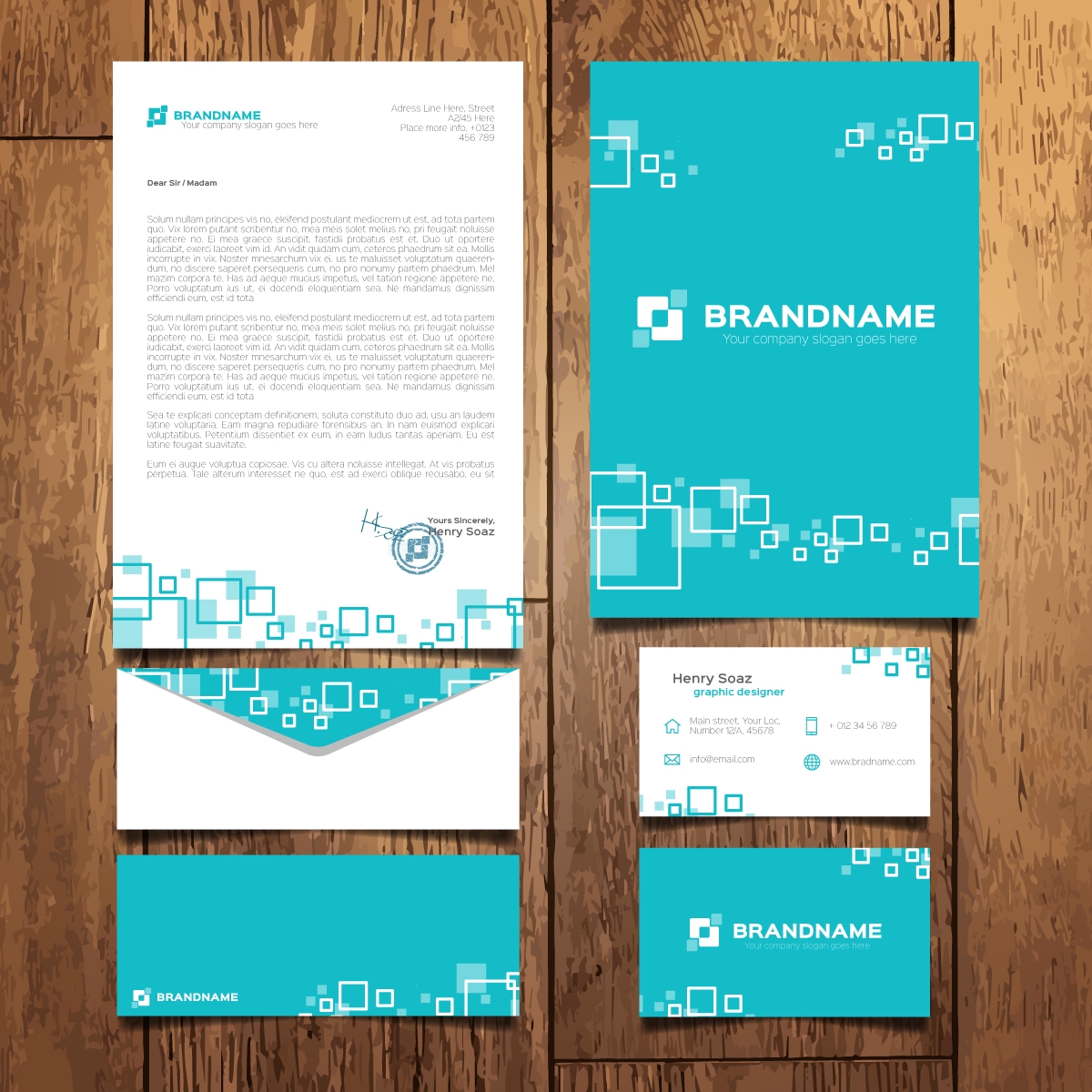 turquoise business stationery with squares